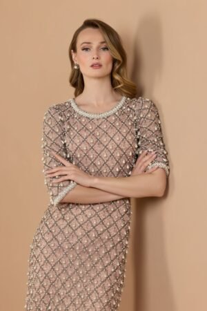 Pink Pearl Embellished 3/4 Sleeve Gown