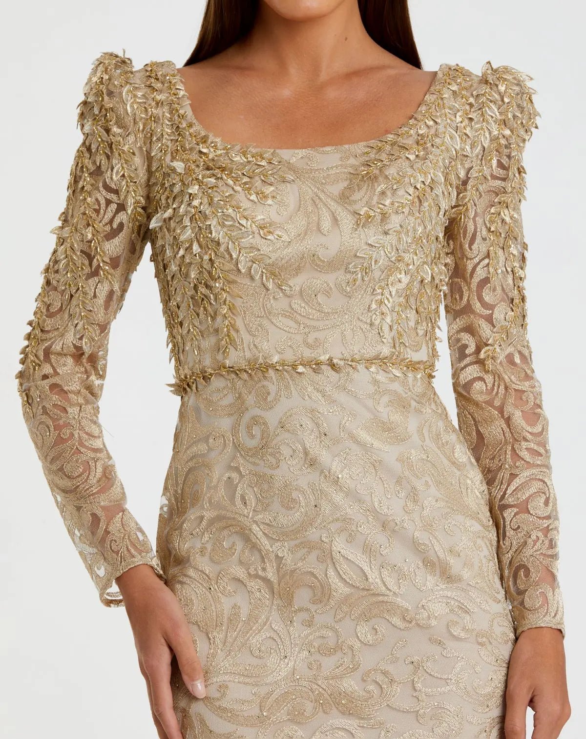 Gold Embroidered Lace Applique Shoulder Detail Trumpet Gown - Mac Duggal