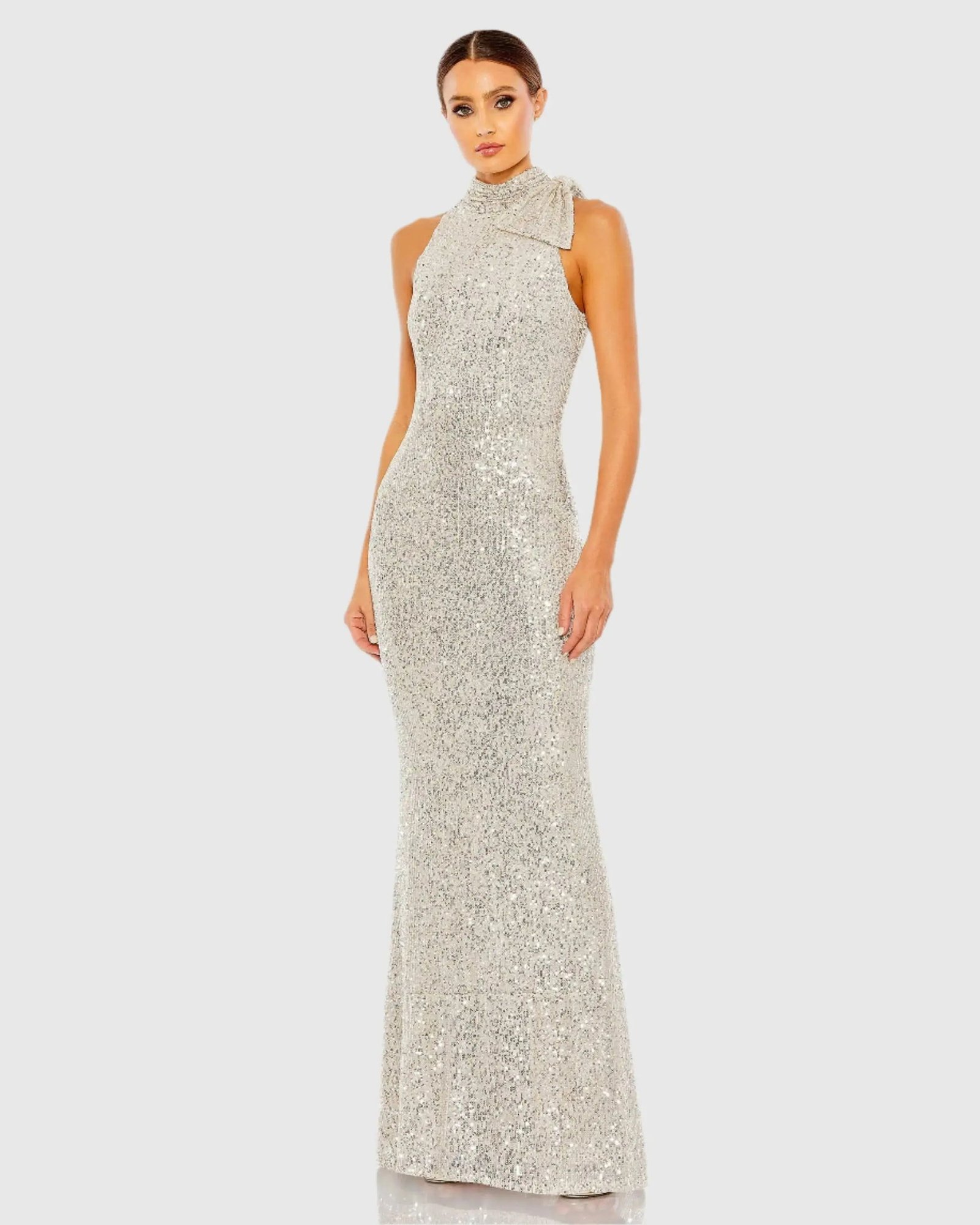 Silver Soft Tie Halter Neck Sequin Gown - Ieena for Mac Duggal