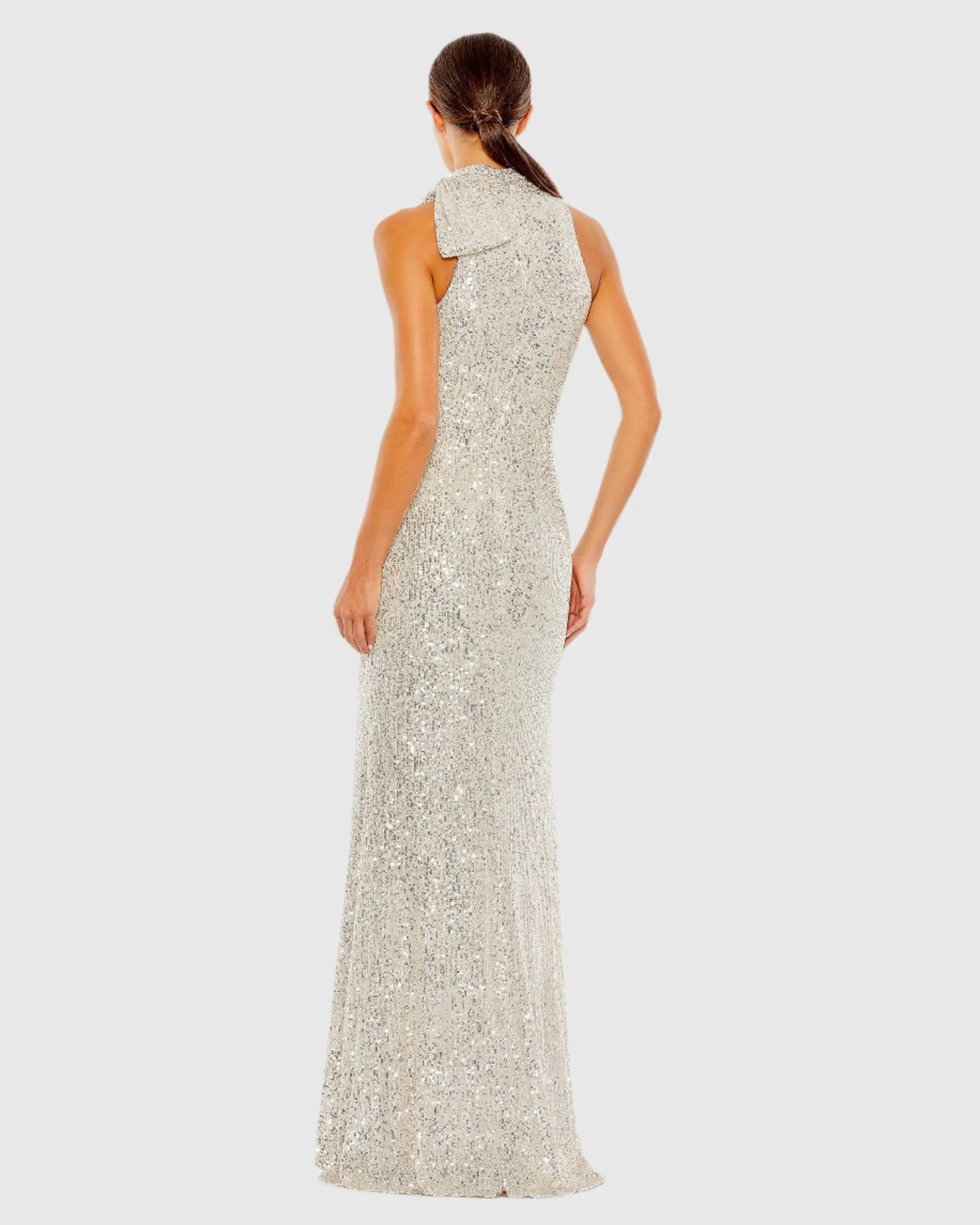 Silver Soft Tie Halter Neck Sequin Gown - Ieena for Mac Duggal