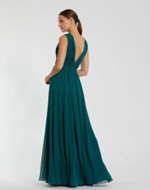 Teal Sleeveless Pleated V Neck Chiffon Gown - Ieena for Mac Duggal