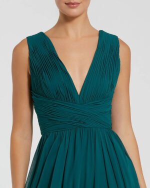 Teal Sleeveless Pleated V Neck Chiffon Gown - Ieena for Mac Duggal
