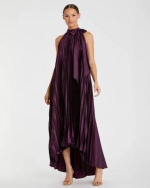 Purple Pleated Halter Neck High Low Gown - Mac Duggal