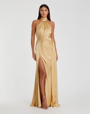 Gold Open Back High Neck Side Ruched Gown Ieena for Mac Duggal