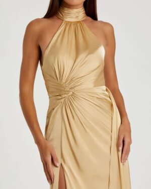 Gold Open Back High Neck Side Ruched Gown Ieena for Mac Duggal