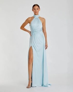Light Blue Open Back High Neck Side Ruched Gown - Ieena for Mac Duggal