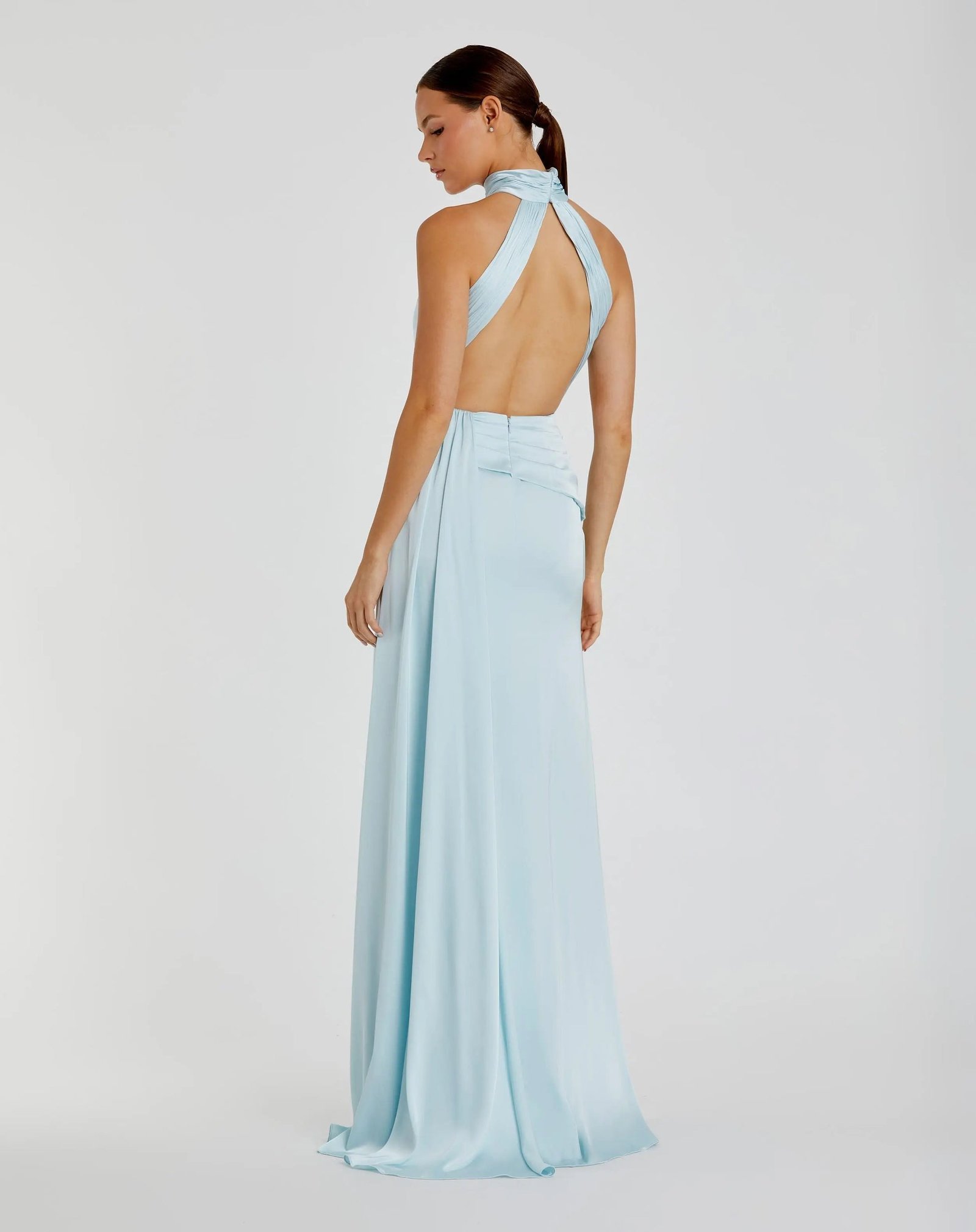 Light Blue Open Back High Neck Side Ruched Gown - Ieena for Mac Duggal