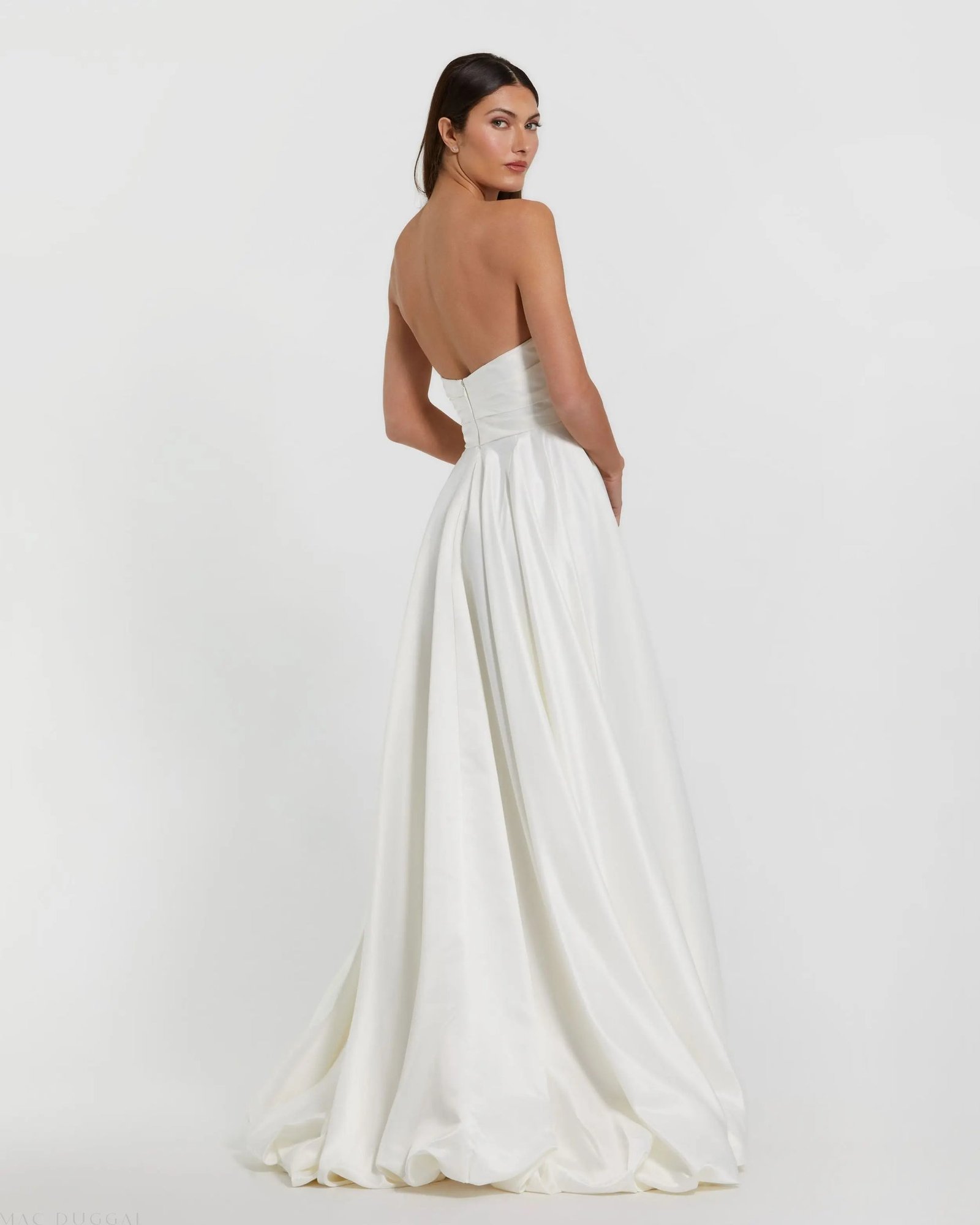 White Strapless Ruched High Low Gown Mac Duggal