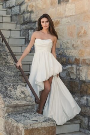White Strapless Ruched High Low Gown - Mac Duggal