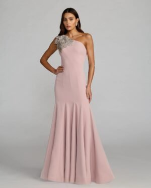 Pink Crepe One Shoulder Gown With Crystal Flower - Mac Duggal