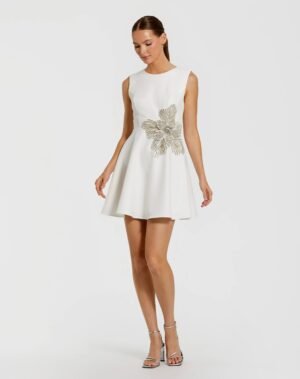 White Sleeveless Crepe Mini Dress With Rhinestone Flower