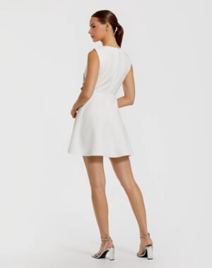 White Sleeveless Crepe Mini Dress With Rhinestone Flower - Mac Duggal