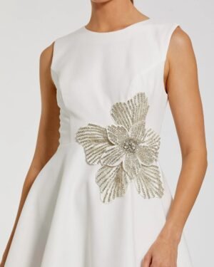 White Sleeveless Crepe Mini Dress With Rhinestone Flower - Mac Duggal