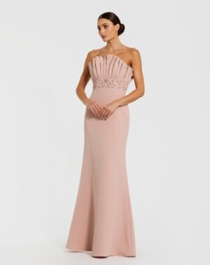 Pink Strapless Crepe Gown With Crystal Embellishments