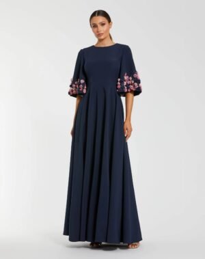 Navy Crepe 3/4 Sleeve A-line Gown With Flower Trim
