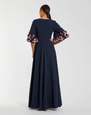 Navy Crepe 3/4 Sleeve A-line Gown With Flower Trim - Mac Duggal