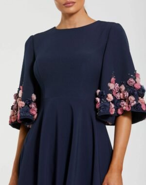 Navy Crepe 3/4 Sleeve A-line Gown With Flower Trim - Mac Duggal