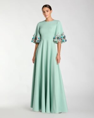 Green Crepe 3/4 Sleeve A-line Gown With Flower Trim