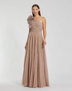 Pink Pleated One Shoulder Ruffle Gown
