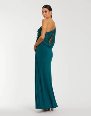 Teal One Shoulder Draped Jersey Gown With 3D Flowers - Mac Duggal