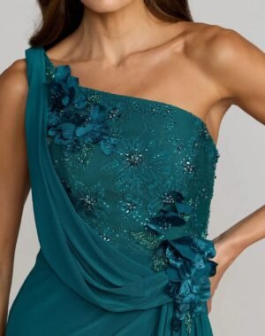 Teal One Shoulder Draped Jersey Gown With 3D Flowers - Mac Duggal