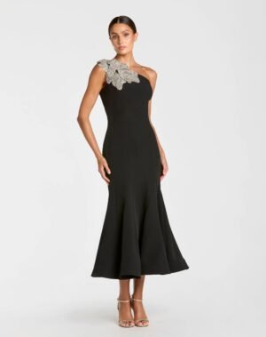 Petite Black Crepe One Shoulder Mermaid Midi Dress With Flower