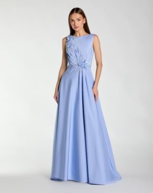 Blue Floral Applique Sleeveless A Line Gown