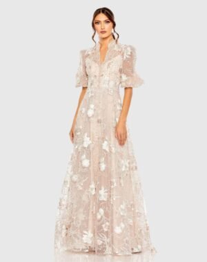 Pink Queen Anne Puff Sleeve A-Line Gown - Mac Duggal