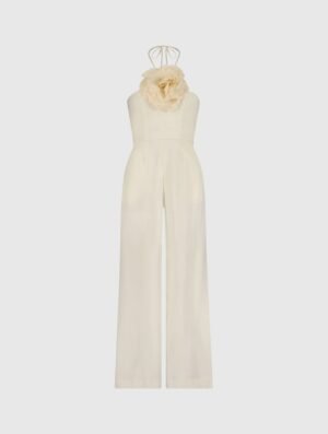 White Crepe Halter Neck Jumpsuit With Flower - Mac Duggal