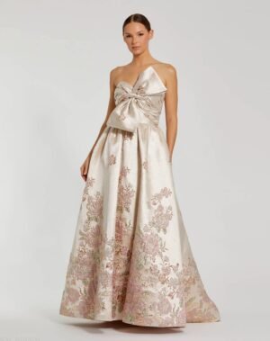 Ivory Strapless Brocade Floral Ball Gown With Bow Detail