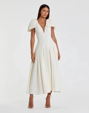 Ivory Crepe A Line Midi Dress With Bow Straps