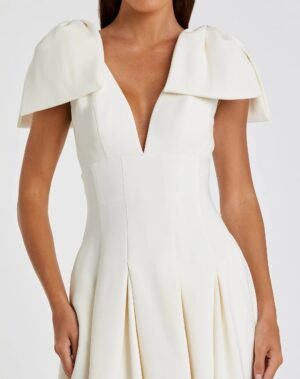 Ivory Crepe A Line Midi Dress With Bow Straps - Ieena for Mac Duggal