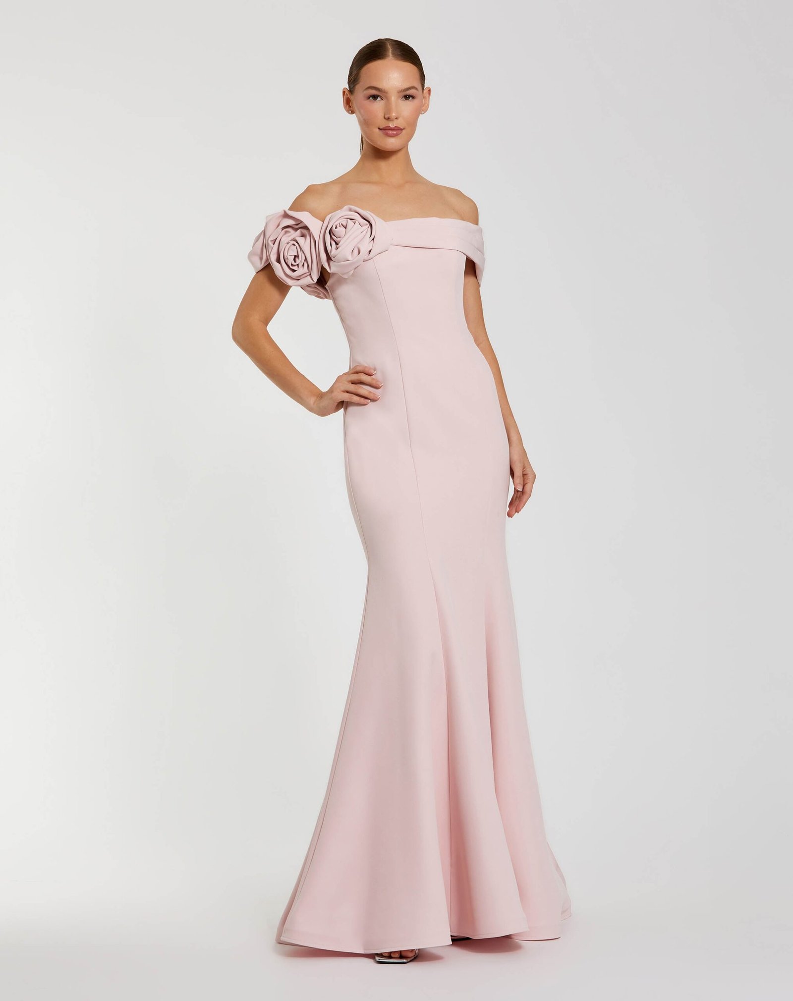 Light Pink Off The Shoulder Crepe Mermaid Gown