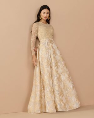 Light Gold Long Sleeve Beaded Brocade Skirt Ball Gown - Mac Duggal