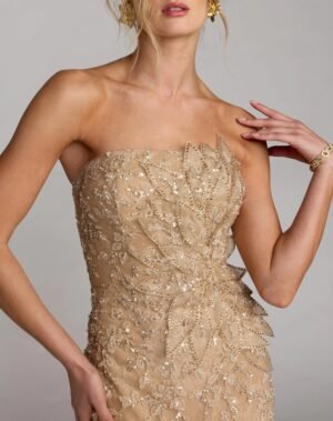 Beige Strapless Embellished Lace Gown With 3D Flower - Mac Duggal