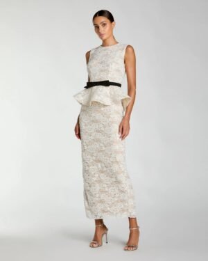 White Lace Peplum Column Dress with Bow