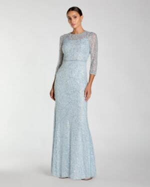 Blue Beaded 3/4 Sleeve Trumpet Gown