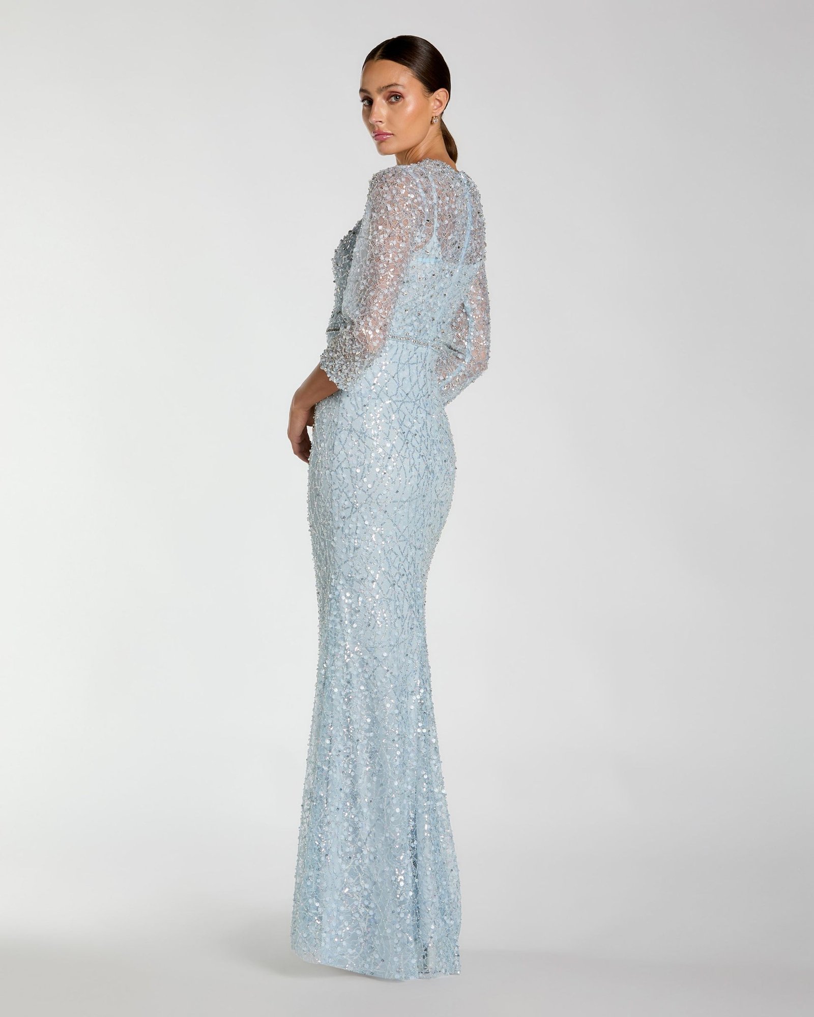 Blue Beaded 3/4 Sleeve Trumpet Gown Mac Duggal
