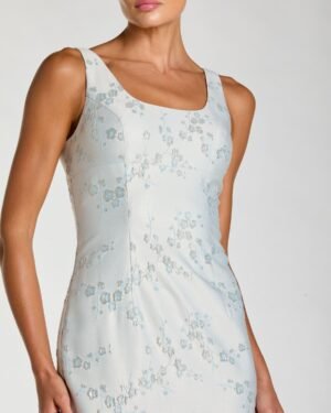 Light Blue Brocade Sleeveless Scoop Neck Midi Dress Mac Duggal