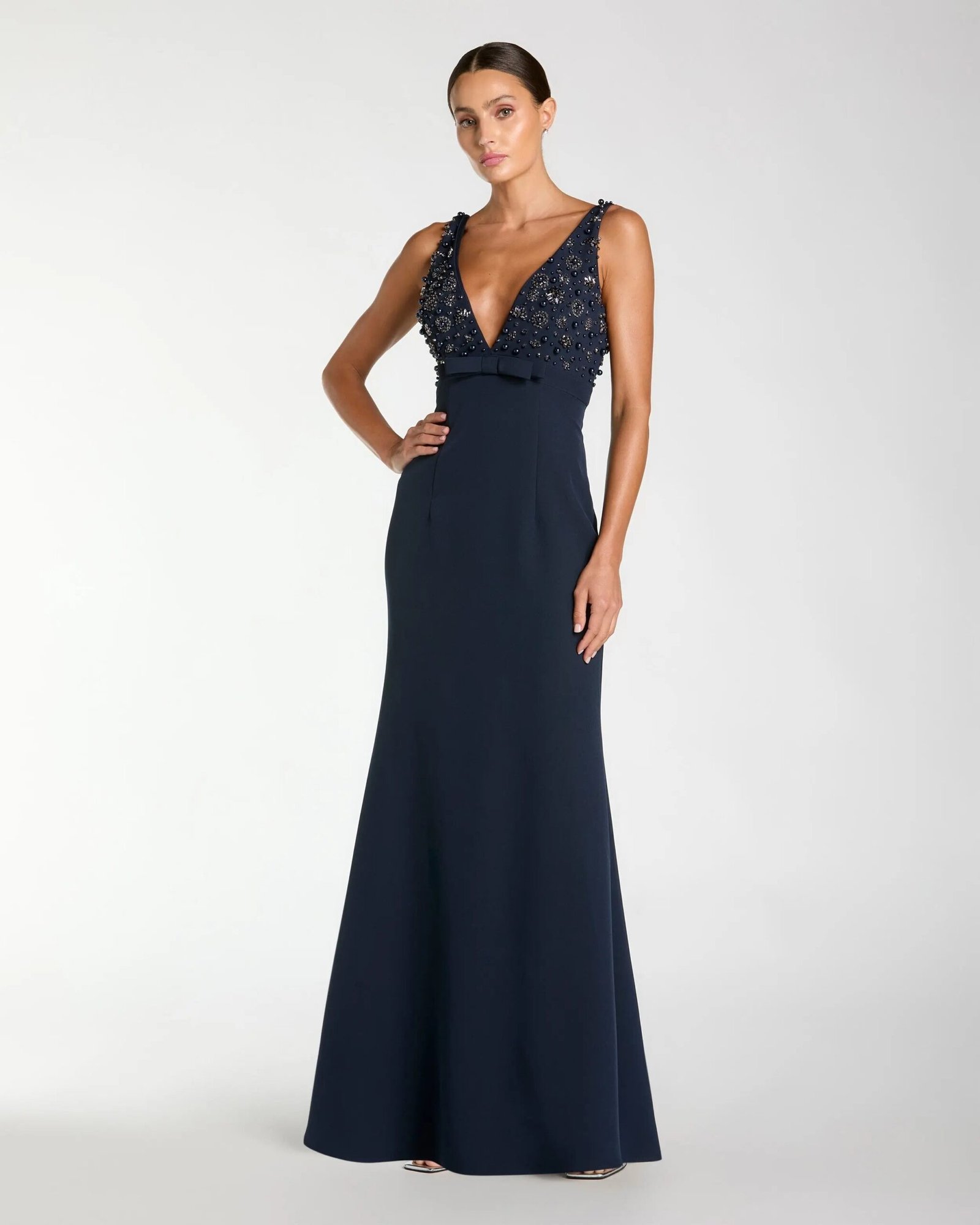 Navy Crepe Sleeveless Beaded V Neck Gown With Bow