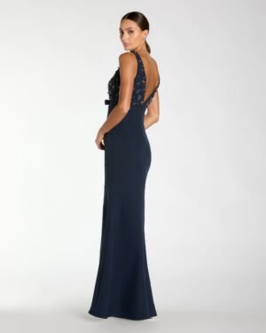 Navy Beaded V-Neck Trumpet Gown with Bow Ieena for Mac Duggal