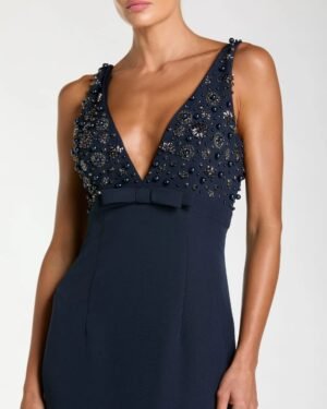 Navy Beaded V-Neck Trumpet Gown with Bow Ieena for Mac Duggal