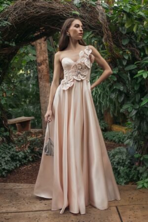Light Pink Satin Bustier Ball Gown With 3D Flowers Ieena for Mac Duggal