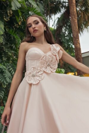 Light Pink Satin Bustier Ball Gown With 3D Flowers Ieena for Mac Duggal
