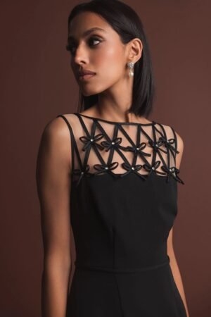 Black Sleeveless Crepe Gown With Embellished Bows Ieena for Mac Duggal