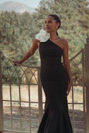 Black Crepe One Shoulder Mermaid Gown With 3D Flower - Ieena for Mac Duggal