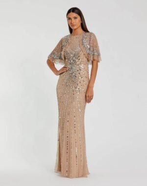 Beige Embellished Mesh Fitted Gown With Capelet - Mac Duggal