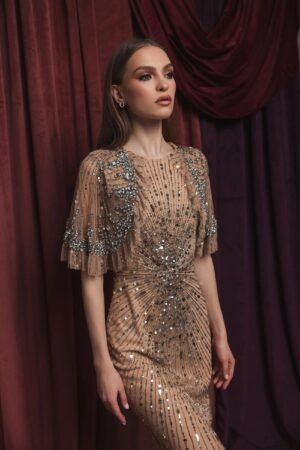 Beige Embellished Mesh Fitted Gown With Capelet - Mac Duggal