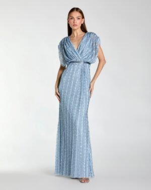 Blue Embellished Blouson V Neck Column Gown