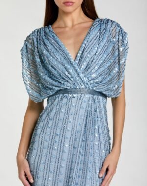 Blue Embellished Blouson V Neck Column Gown - Mac Duggal